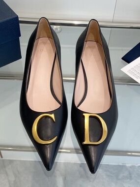 Authentic Dior CD Logo Pointed-Toe Leather Flats